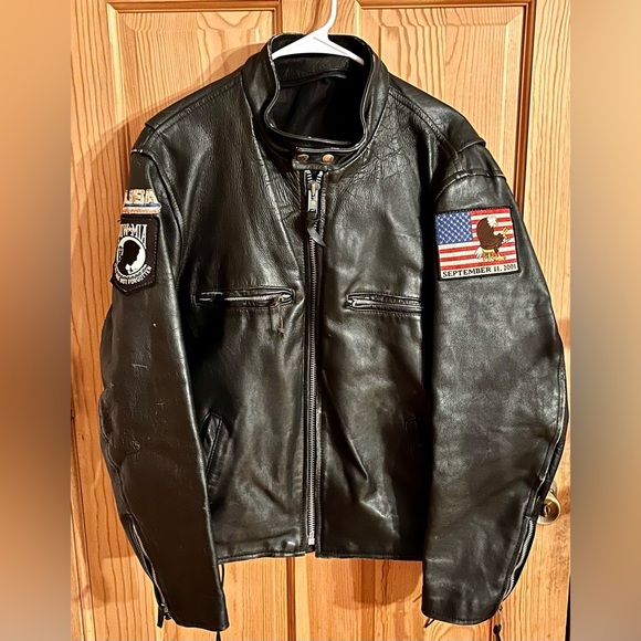 Men’s Black Leather Heavy Bomber Motorcycle Jacket Patches Zippers 🚫sold🚫 - Picture 3 of 14